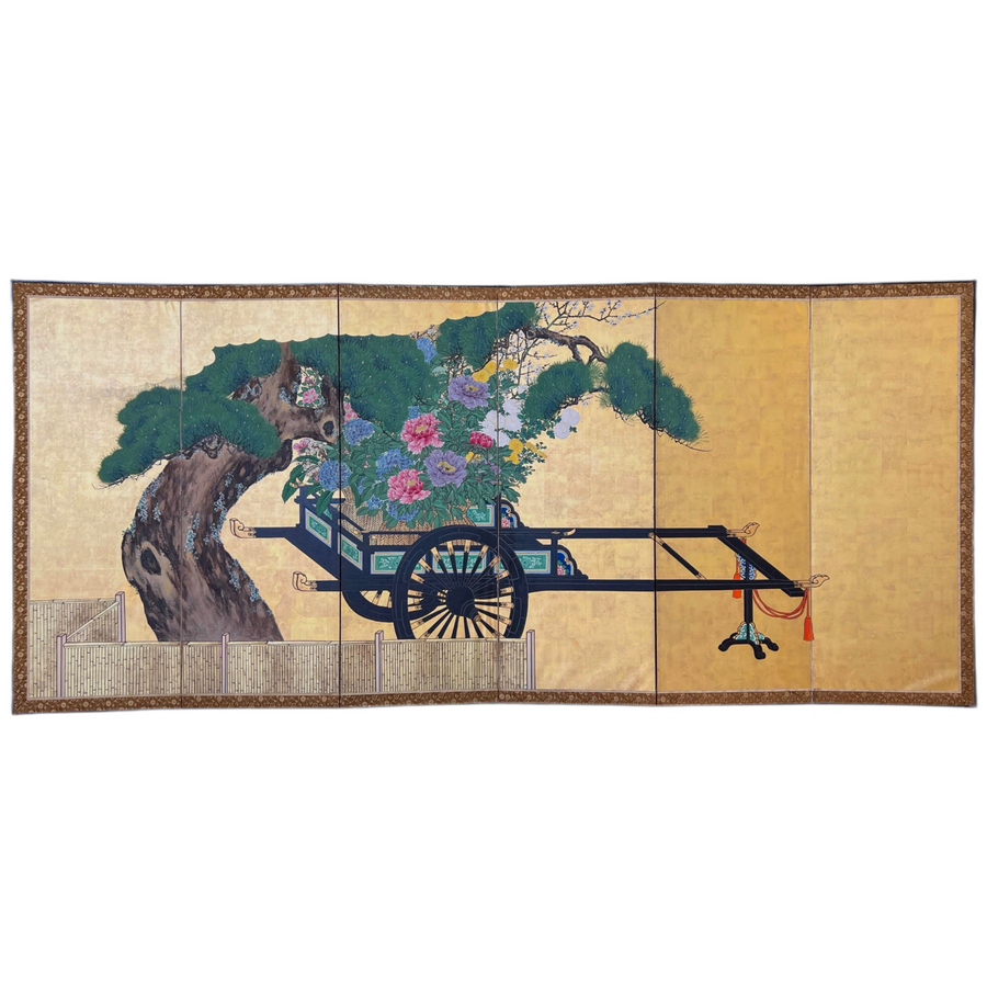 Paravent japonais, Char fleuri, fin de l’époque Edo (XIXᵉ siècle)