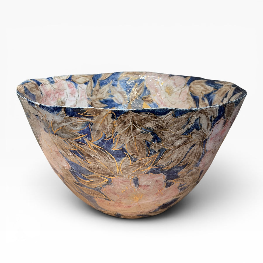 Kyoko Shimada, grande coupe en céramique à décor floral et fond or et argent