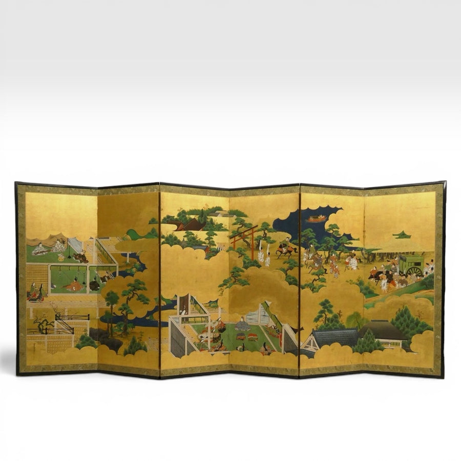 Paravent à scènes du Dit du Genji, épisode de Miotsukushi, par Kanō Sosen Toshinobu, Japon XIXe siècle