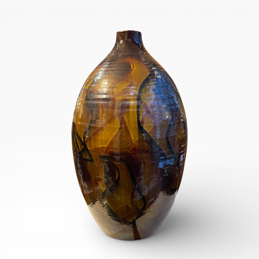 Grand vase Kutani (Kutani-yaki) à décor d’oiseaux stylisés, par Matsumoto Saichi (1930–2021)